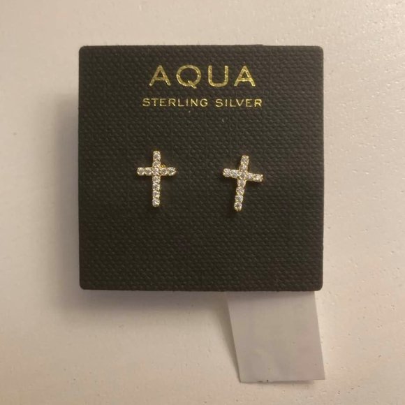 AQUA Small Cross Stud Earrings in 18K Gold-Plated Sterling Silver - Picture 1 of 2